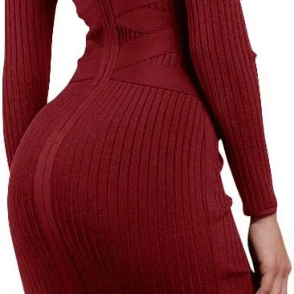 Red Long Sleeve Bodycon Dress with Mock Neck - Picture 11 of 13
